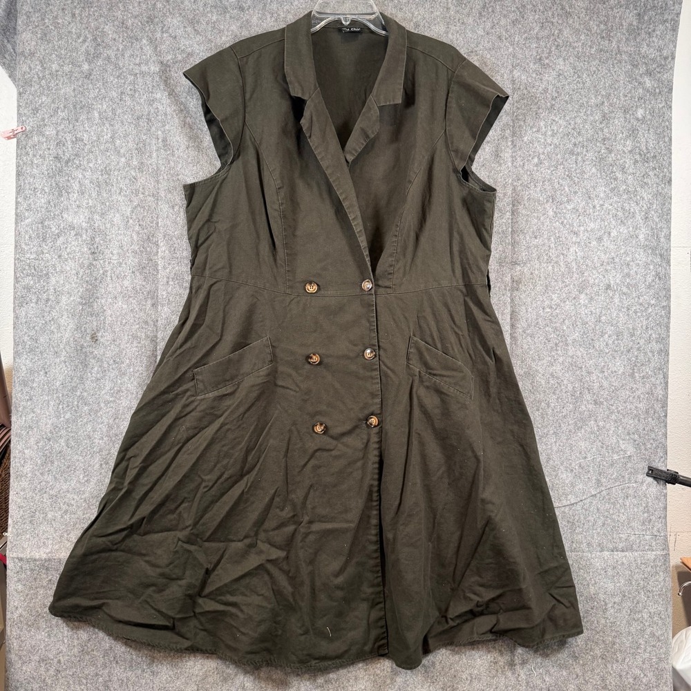 City Chic Linen Plus Size Dress Womens 22 Double Breasted Utility Safari Green